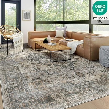 6x9 Machine Washable Area Rug for Living Room, Grey Rusty Boho Vintage Floral Rug Large Non-Slip Low Pile Soft Faux Wool Carpet, Kids and Pets Friendly for Bedroom Dining Room Farmhouse Decor Rug