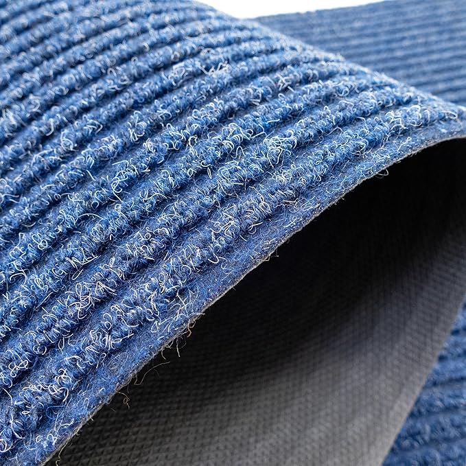 English Home Custom Size Non Slip Striped Design Durable PVC Non Slip Backing Tough Pile Runner Rug for Hallway, Outdoor, Indoor, Commercial, Residential, Pool, Office (Dark Blue, 36" x 14')