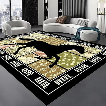 Western Horse Print Rugs 8x10ft,Boho Floral Area Rug, Botanical Print Low Pile Carpet, Stain-Resistant & Machine Washable Non-Slip Mat for Living Room, Bedroom, Dining Room