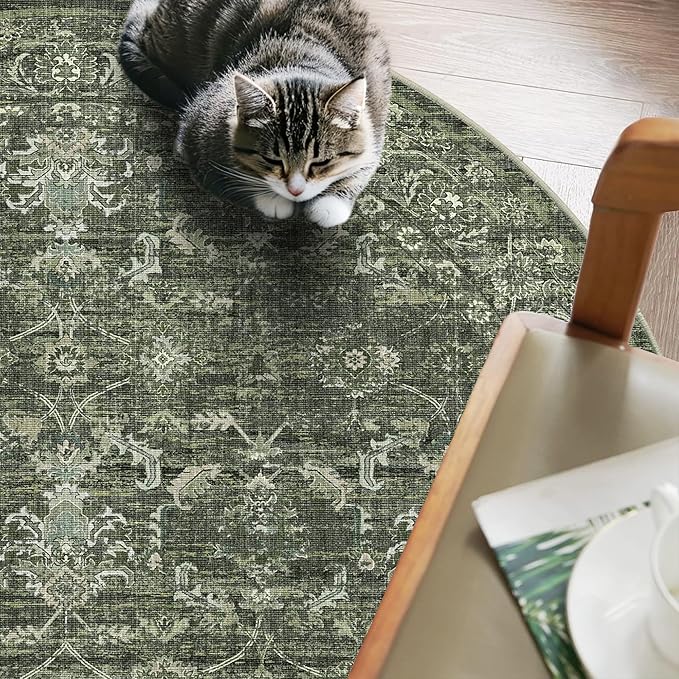 4ft Round Washable Area Rugs for Living Room, Vintage Boho Large Rug for Bedroom Dining Room Office, Distressed Floral Print Carpet for Under Table, Soft Non Slip Low Pile Throw Indoor Mat, Green