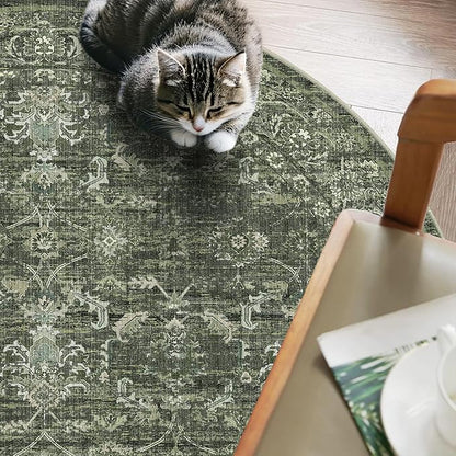 4ft Round Washable Area Rugs for Living Room, Vintage Boho Large Rug for Bedroom Dining Room Office, Distressed Floral Print Carpet for Under Table, Soft Non Slip Low Pile Throw Indoor Mat, Green
