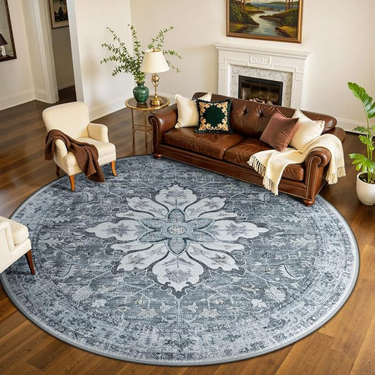 Area Rugs 8ft Washable Non-Slip, Floral Vintage Distress Print Pattern Medallion Carpet for Living Room Bedroom Dining Room, Light Gray Grey White