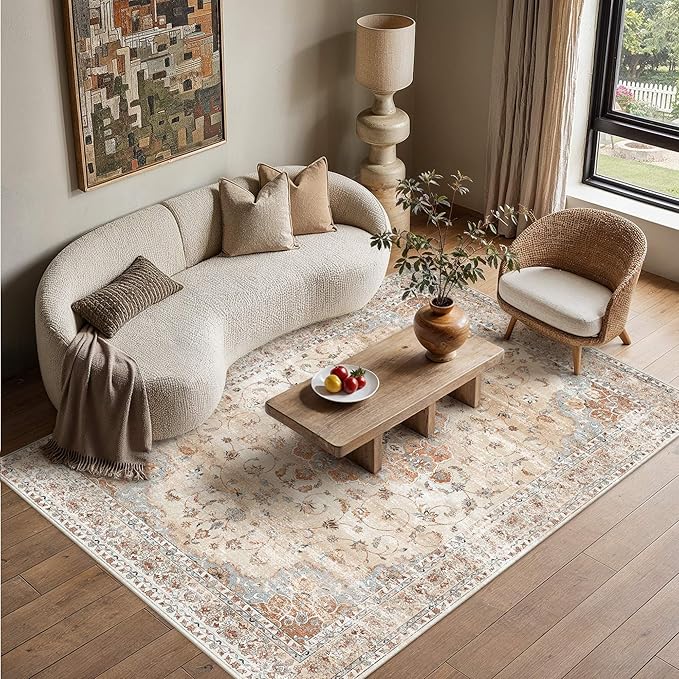 HUGEAR Machine Washable Area Rugs 5x7 Vintage Orange Living Room Bedroom Rug Neutral Style Non Slip Stain Resistant Low Pile Throw Carpet for Home Retro Aesthetic Modern Decor