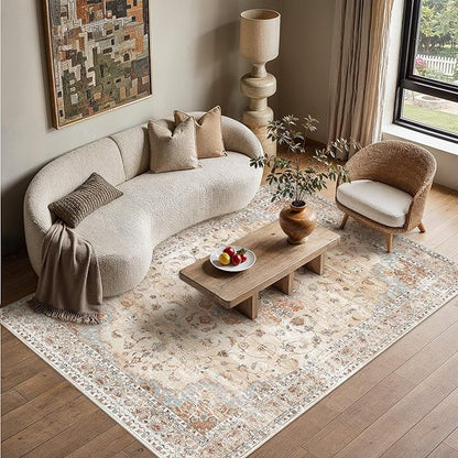 HUGEAR Machine Washable Area Rugs 5x7 Vintage Orange Living Room Bedroom Rug Neutral Style Non Slip Stain Resistant Low Pile Throw Carpet for Home Retro Aesthetic Modern Decor