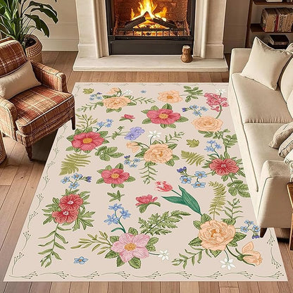 Rustic Flower Area Rug, 4x6ft, Classic Colorful Bohemian Floral Pattern with Beige Large Hall Botanical Rug, Non Slip No Crease Easy Care Girls Room Decor Carpet for Relax Room Bedroom