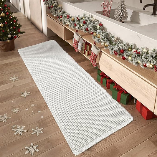 AMOAMI Waffle Runner Rug Super Absorbent Non Slip Bath Mats for Bathroom Floor, Machine Washable Boho Bathroom Runner Rug with Tassels, Ideal for Hallway Bedroom Laundry Room, 2'x 4'