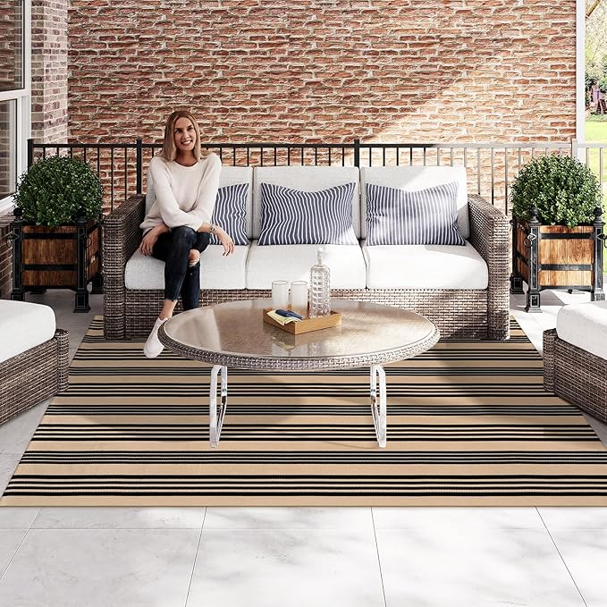 Black and Khaki Striped Rug 5'x7', Washable Outdoor Rugs Cotton Hand Woven Front Porch Rugs, Reversible Patio Rug Foldable Large Throw Rugs for Living Room Home Entrance