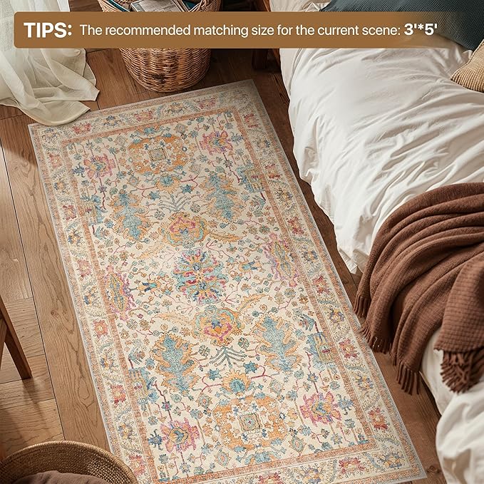 Bavni Runner Rug, Machine Washable Rugs for Bedroom 2x5, Non Slip Boho Rugs with Rubber Backing, Ultra-Thin Folable Rug Runner for Hallways Bathroom, Turmeric