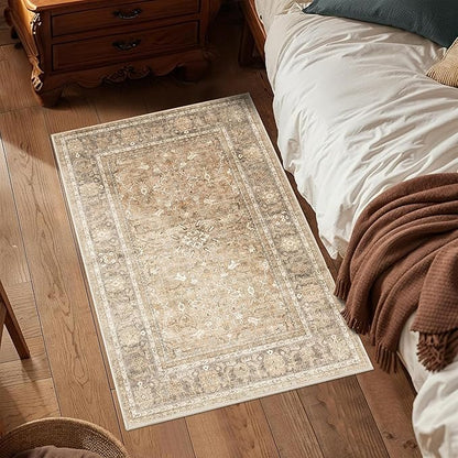 HelloTree 2x3 Entryway Rug Washable Vintage Print Door Mat Kitchen Rugs for Front Door Bedroom Living Room Entrance Small Soft Traditional Distressed Carpet Folable for Room Bedside-Khaki