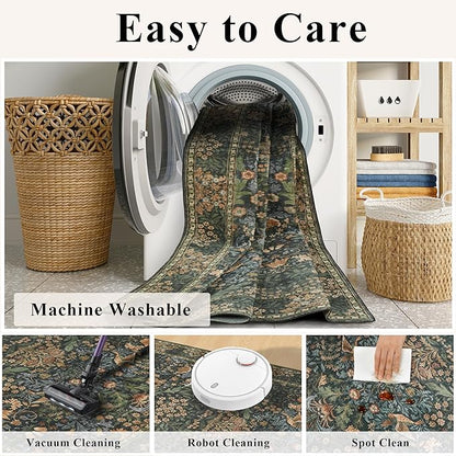 6ft Round Area Rugs for Living Room, Washable Floral Circle Rug Non Slip Low Pile, Vintage Boho Botanical Birds Throw Carpet for Farmhouse, Bedroom, Dining Room, Retro Gold/Green