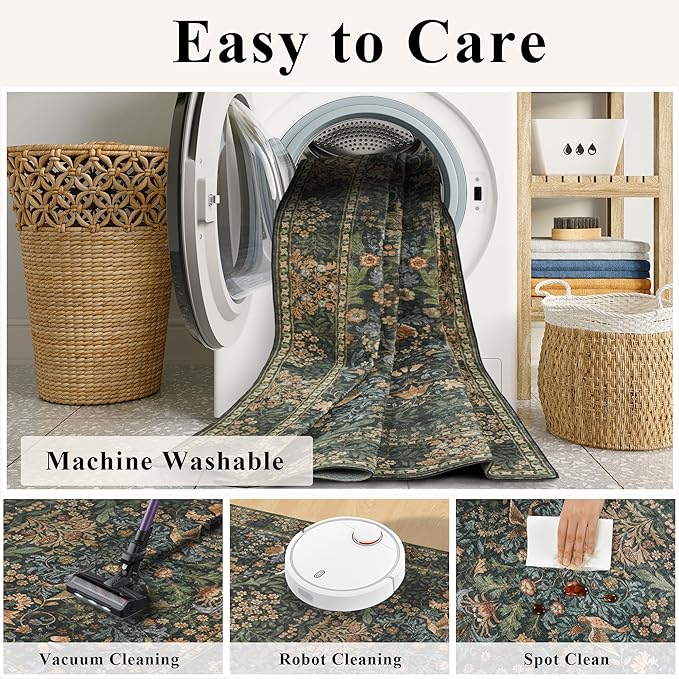 3x5 Floral Washable Area Rug for Living Room, Vintage Boho Rugs for Bedroom Dining Room, Botanical Birds Non Slip Low Pile Forest Throw Carpet for Farmhouse Office, Retro Gold/Green