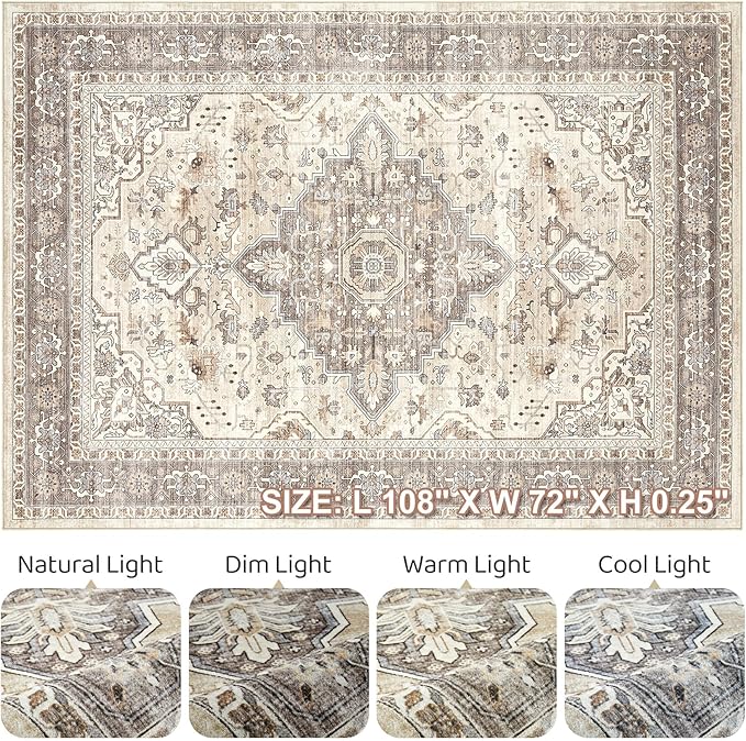 6x9 Area Rugs Living Room: Washable Boho Large Neutral Vintage Soft Rug Stain Resistant Farmhouse Non Slip Indoor Floor Carpet for Bedroom Nursery Kids Playroom Office Dining Room- Beige Brown