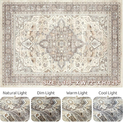 6x9 Area Rugs Living Room: Washable Boho Large Neutral Vintage Soft Rug Stain Resistant Farmhouse Non Slip Indoor Floor Carpet for Bedroom Nursery Kids Playroom Office Dining Room- Beige Brown