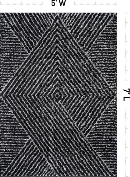 Rugshop Geometric Diamond Stripe Shag Area Rug Anthracite Dark Gray 5' x 7' Great for Bedrooms, Living Rooms, or Under Coffee Tables