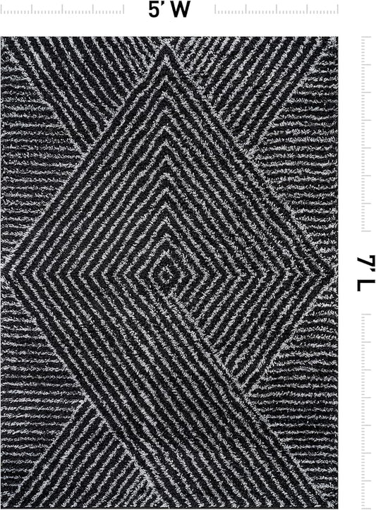 Rugshop Geometric Diamond Stripe Shag Area Rug Anthracite Dark Gray 5' x 7' Great for Bedrooms, Living Rooms, or Under Coffee Tables