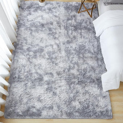 Andency Soft Area Rugs for Living Room Bedroom, 4x6 Non-Slip Fluffy Shag Carpet, Indoor Floor Fuzzy Shaggy Living Room Plush Rug for Kids Dorm Nursery Home Decor Aesthetic, Tie-Dyed Light Grey