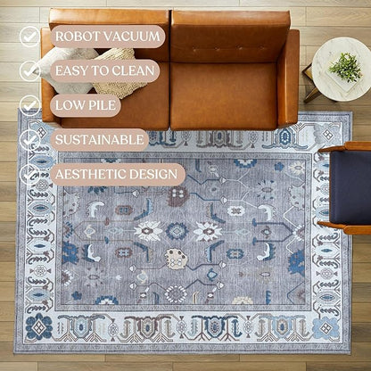 Grey Oushak Rug, Modern, Vintage, Turkish, Eclectic, Floral, Pastel, Washable, Extra Large Area Rugs for Living Room, Dining, Bedroom, Lounge, 9'x12'