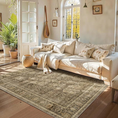 HelloTree Washable Rugs 5x7 Area Rug for Living Room, Vintage Boho Brown Rug Non Slip Carpet Retro Accent Indoor Mat Print Distressed Low Pile Throw Large Rug for Office Bedside-Brown