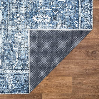 Bloom Rugs Washable Non-Slip 10 ft Runner - Blue Traditional Runner for Entryway, Hallway, Bathroom, and Kitchen - Exact Size: 2.5' x 10'