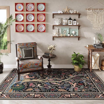 Rugcomf Area Rugs 4x6 Vibrant Tree of Life-Patterned Vintage Washable Rugs Non Slip Low Pile Small Carpet for Bedroom Bedside Kids Room Office Dining Room, Black