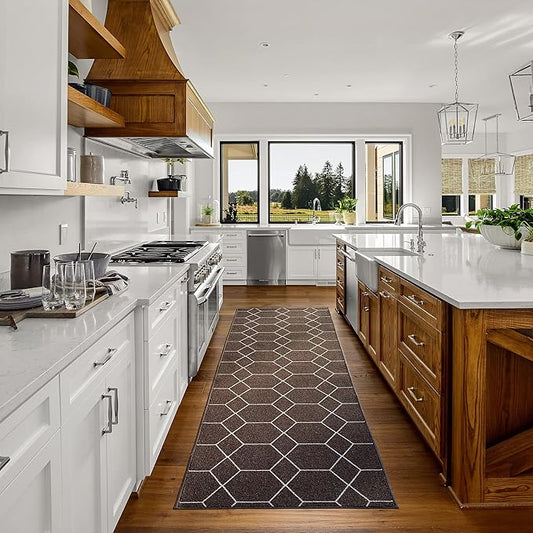 Custom Made Runner Rug for Kitchen Foyer Hallway Entry Choose Your Length Size 26 Inch Wide Geometric Lattice Design Brown Color (21 feet x 26 inch)