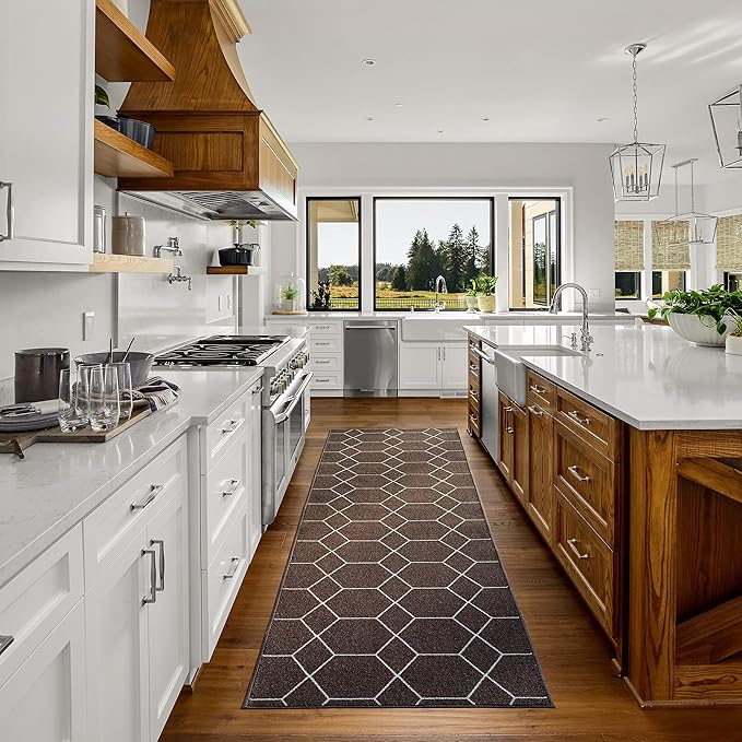 Custom Made Runner Rug for Kitchen Foyer Hallway Entry Choose Your Length Size 26 Inch Wide Geometric Lattice Design Brown Color (12 feet x 26 inch)