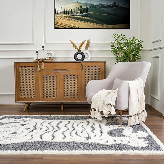 Hauteloom Tilos Moroccan Farmhouse Living Room Bedroom Nursery Shag Area Rug - Shaggy Carpet - Tiger Pattern - High Plush Pile - Dark Grey, Charcoal, Beige, Cream - 5'3" x 7'