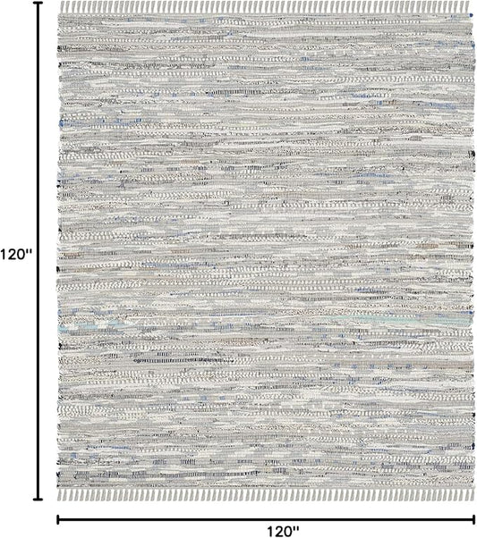 SAFAVIEH Rag Rug Collection Area Rug - 10' Square, Grey, Handmade Boho Stripe Cotton, Ideal for High Traffic Areas in Living Room, Bedroom (RAR121A)