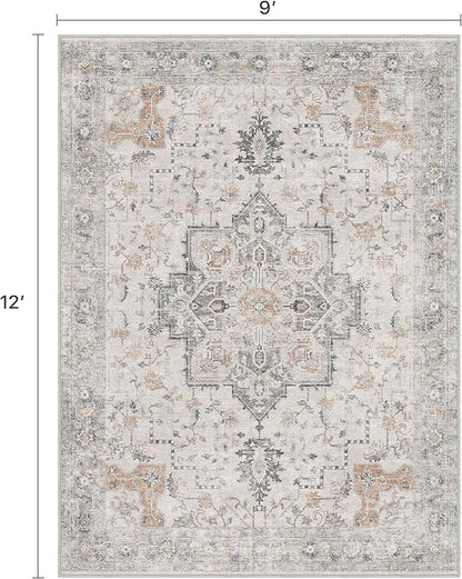 9x12 Area Rugs for Living Room, Non Slip Machine Washable Vintage Rugs, Low Pile Lightweight Print Large Rug for Bedroom, Dining Room, Home Office, Light Taupe Brown