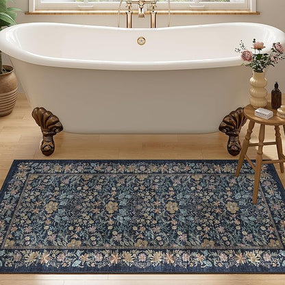 DUKINO 2x4 Rug for Entryway, Lightweight Washable Runner Rug with Non Slip Backing, Vintage Floral Low Pile Small Carpet Runner for Kitchen, Hallway, Entryway, Bathroom, Bedroom, Dark Blue