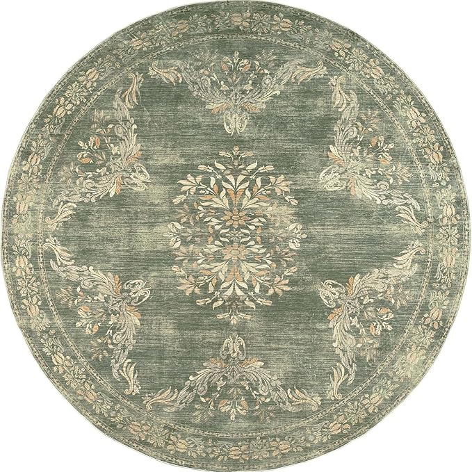 jinchan Round Rug 7ft Area Rugs,Vintage Floral Distressed Design Machine Washable Soft Non-Slip Low-Pile Ultra-Thin Circle Rug for Living Room Dining Room Bedroom Home Office (7' Round,Dark Green)