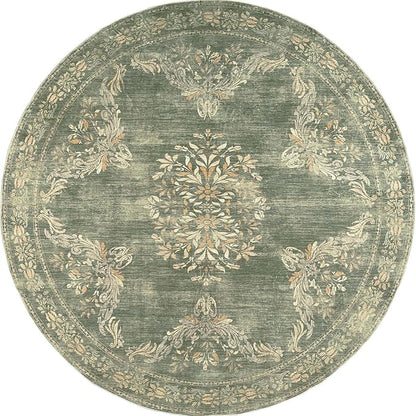 jinchan Round Rug 7ft Area Rugs,Vintage Floral Distressed Design Machine Washable Soft Non-Slip Low-Pile Ultra-Thin Circle Rug for Living Room Dining Room Bedroom Home Office (7' Round,Dark Green)