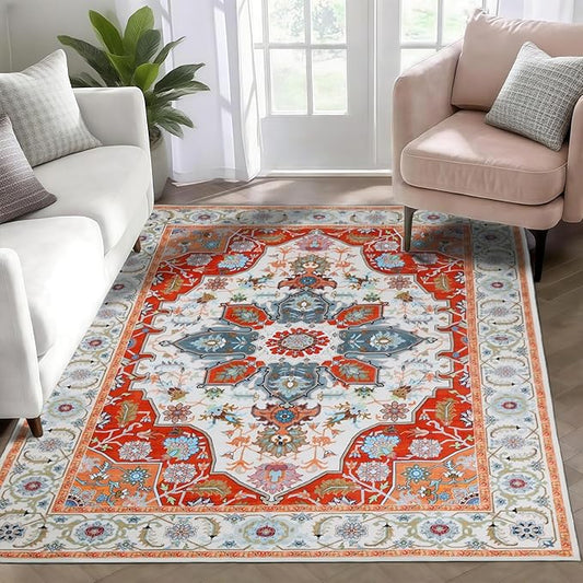 WILLSUN Washable Area Rugs, 4x6 Non-Slip Boho Large Area Rugs for Living Room, Bedroom, Machine Washable Vintage Rug, Indoor Floral Print Carpet for Home Decor, Kid & Pet Friendly Mat