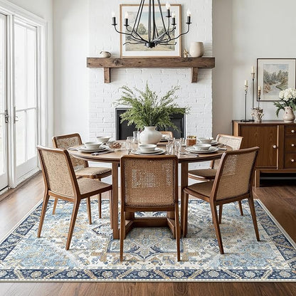 8x10 Area Rug Machine Washable Boho Rug for Living Room,Ultra-Thin Low Pile Carpet,Lightweight Indoor Printed Rug,Non Slip Floral Area Rug for Bedroom, Dining Room, Home Office,Blue