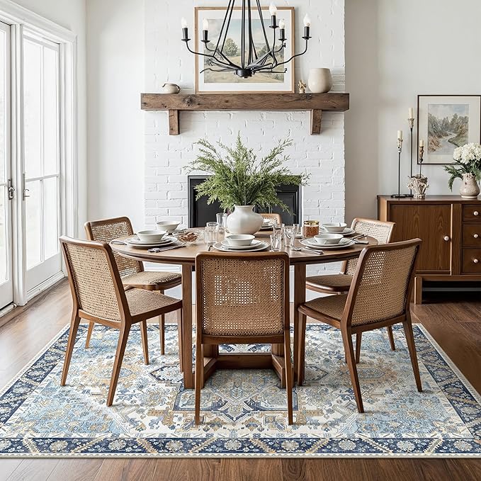 5x7 Area Rug Machine Washable Boho Rug for Living Room,Ultra-Thin Low Pile Carpet,Lightweight Indoor Printed Rug,Non Slip Floral Area Rug for Bedroom, Dining Room, Home Office,Blue