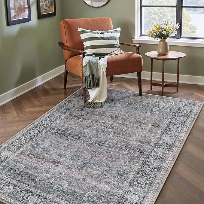 HUGEAR 3x5 Area Rug Purple Washable Vintage Neutral Distressed Carpet Soft Non Slip Low Pile Pet Friendly for Bathroom Kitchen Bedside Entryway Hallway Porch