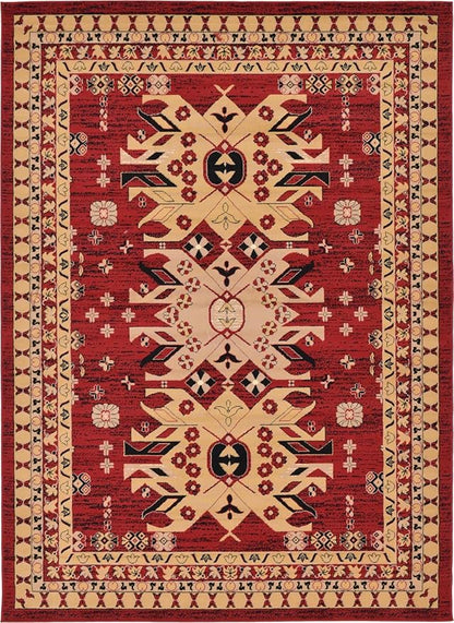 Unique Loom Taftan Collection Border Geometric Tribal Inspired Design Area Rug (7' 0 x 10' 0 Rectangular, Red/ Gold)