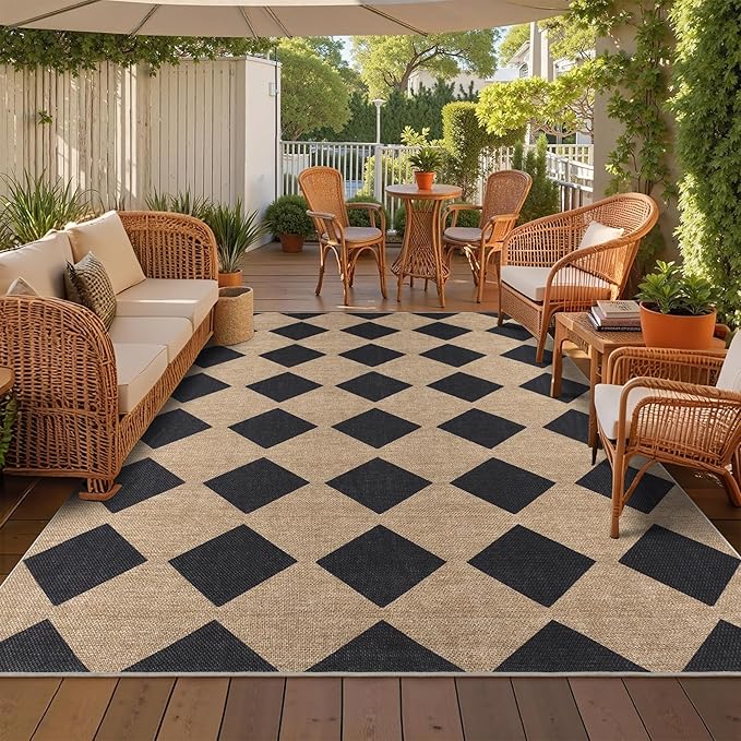 Checkered Easy Jute Rug 8x10 Outdoor Rug Large Washable Area Rugs for Living Room Bedroom Non Slip Neutral Farmhouse Indoor Outdoor Carpet for Backyard Patio Office