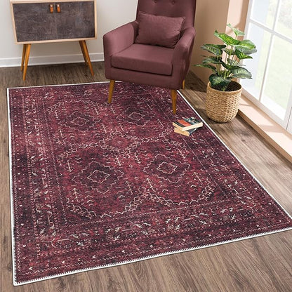 Bloom Rugs Washable Non-Slip 5' x 7' Rug - Dark Red Traditional Bordered Area Rug for Living Room, Bedroom, Dining Room, and Kitchen - Exact Size: 5' x 7'