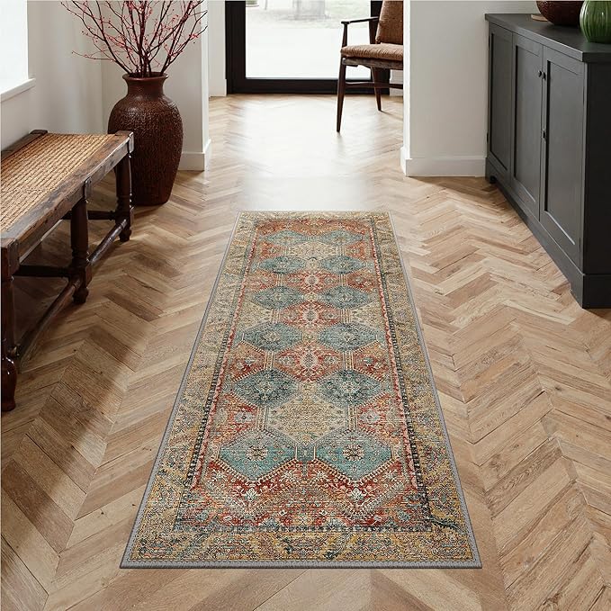 Bavni 2x5 Runner Rug Non Slip, Machine Washable Rug Runners for Hallways, Vintage Distressed Print Kitchen Runner, Low Pile Lightweight Carpet Runner for Entryway Laundry Bedroom Bathroom Blue/Tan/Red