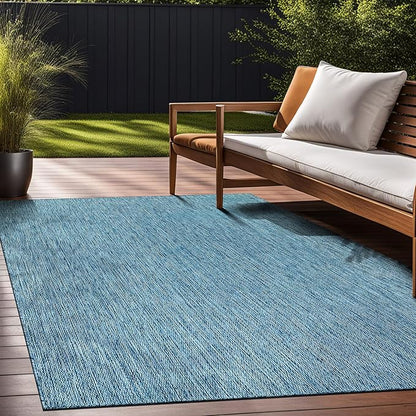 Beverly Rug Indoor Outdoor Rug 5x7, Washable Outside Carpet for Patio, Deck, Porch, Solid Modern Area Rug, Water Resistant, Aqua Blue