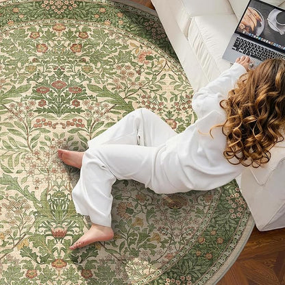 6ft Round Area Rugs for Living Room, Washable Floral Circle Rug Non Slip Low Pile, Vintage Boho Botanical Birds Throw Carpet for Farmhouse, Bedroom, Dining Room, Retro Pink/Green