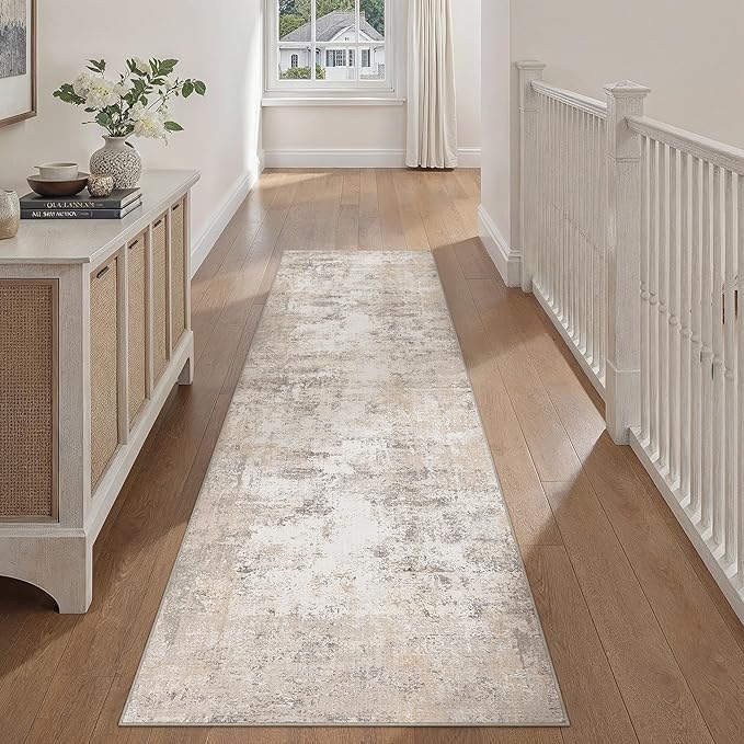 3x7 Washable Runner Rug Beige Grey Abstract Hallway Kitchen Throw Rug Neutral Modern Non Slip Soft Low Pile Carpet for Bathroom Laundry Bedroom Living Room