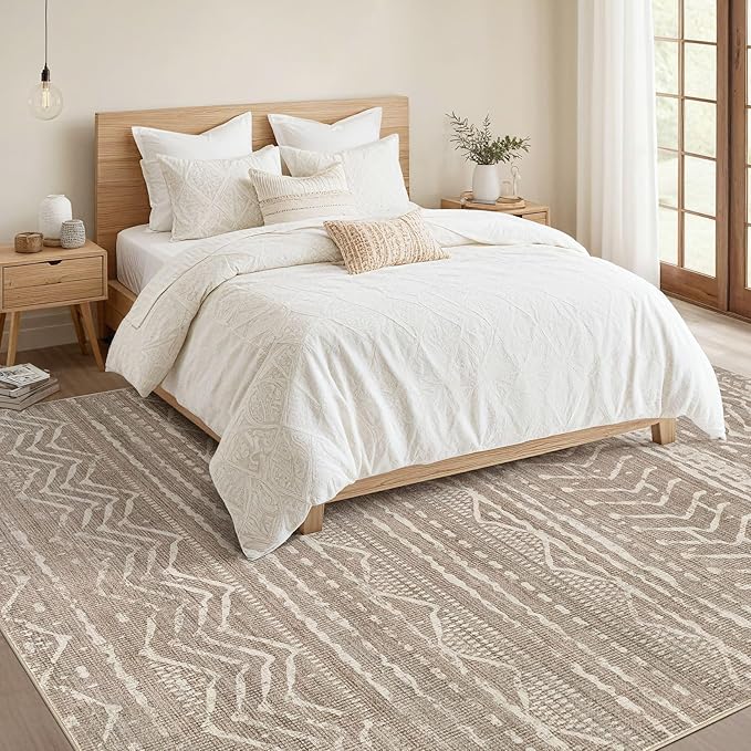 Nakagishi 12x15 Area Rug Living Room: Washable Boho Large Neutral Modern Soft Farmhouse Rugs Stain Resistant Indoor Floor Non-Slip Carpet for Bedroom Kids Playroom Office Dining Room- Dark Brown