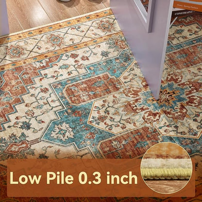 YJ.GWL Area Rugs for Living Room 4x6 Machine Washable Rugs for Bedroom, Non Slip Floral Vintage Rug Indoor Carpet, Stain Resistant Throw Rug for Dining Room Kitchen, Brick Orange