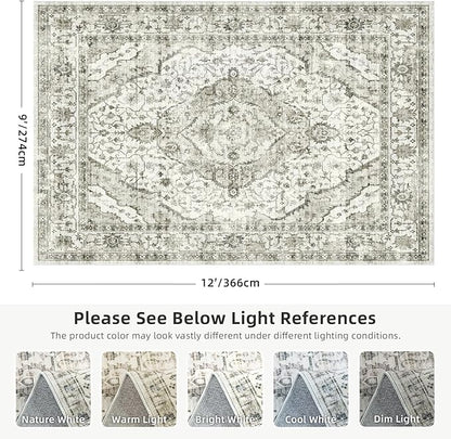 Deerly Boho Area Rug 9x12 Rugs for Living Room Distressed Area Rugs, Non Slip Washable Rugs Large Rug for Bedroom Dining Room Office, Floor Decoration 9 x 12 Rug (Cream)
