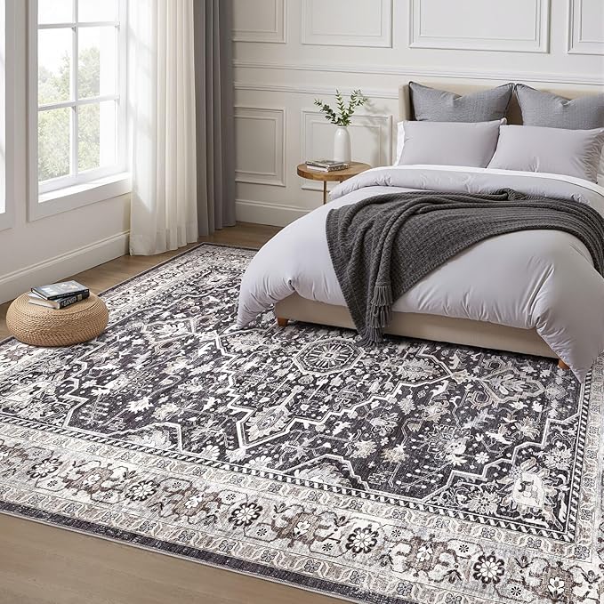 9x12 Area Rug Living Room: Washable Boho Large Vintage Moody Soft Rugs Distressed Oriental Stain Resistant Non-Slip Indoor Floor Carpet for Bedroom Playroom Office Dining Room Retro Home House- Black