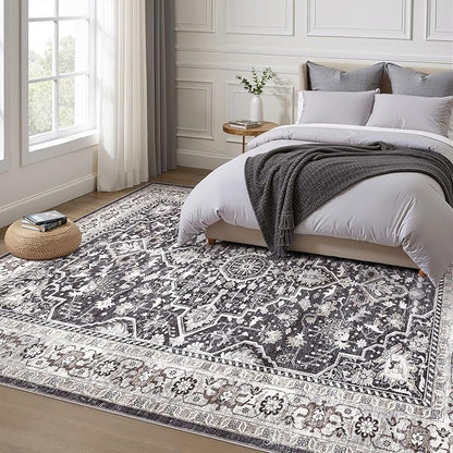 9x12 Area Rug Living Room: Washable Boho Large Vintage Moody Soft Rugs Distressed Oriental Stain Resistant Non-Slip Indoor Floor Carpet for Bedroom Playroom Office Dining Room Retro Home House- Black