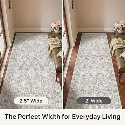 Bavni 2'6''x6 Rug Runners for Hallways, Washable Runner Rug Non Slip, Vintage Floral Print Style Rugs for Bedroom-Lightweight Low Pile Carpet for Hallways Bathroom,Light Gery