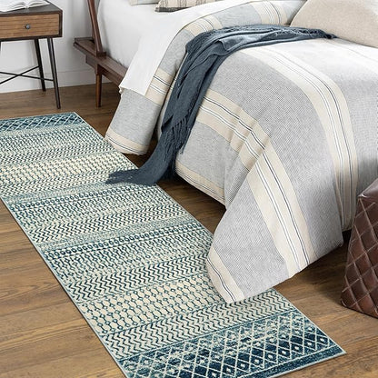 Moroccan Kitchen Runner Rug, 2x6 Non Slip Vintage Blue Rug for Kitchen Floor, Soft Low-Pile Washable Laundry Room Rug Indoor Floor Throw Carpet for Doorway Hallway Bedside Bathroom